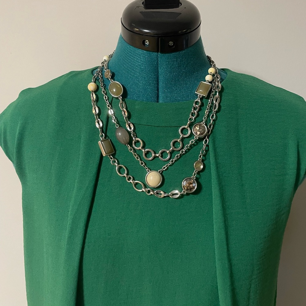 LOFT Silver Tone Faux Stone & Rhinestone Chain 3 Layer Statement Necklace